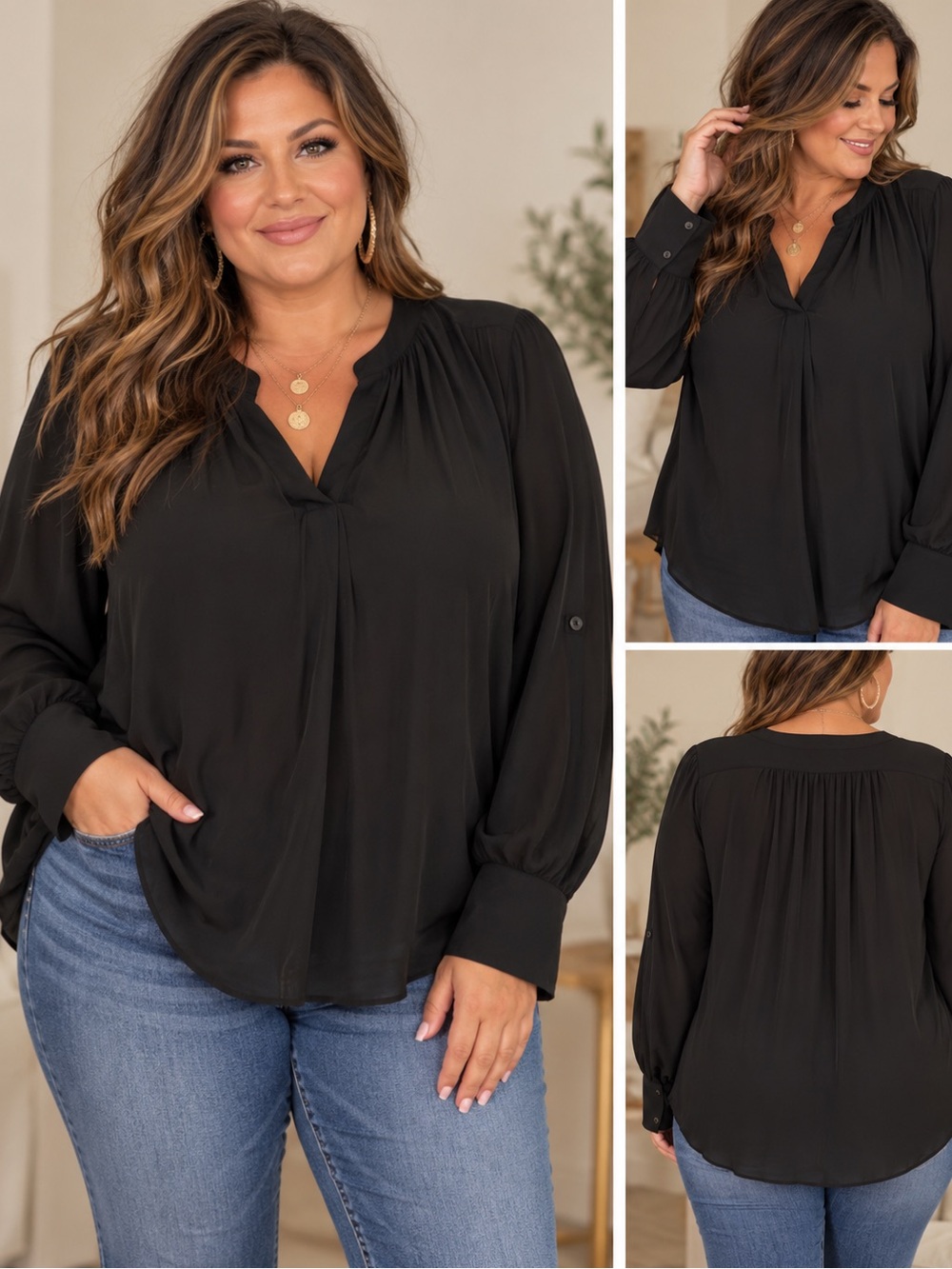 Simply Vera Vera Wang Black Long-Sleeve V-Neck Gathered Blouse